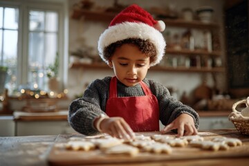 Child baking Christmas cookies in a cozy kitchen with festive decorations