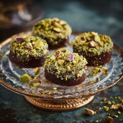 Delicious chocolate treats topped with crushed pistachios set on a vintage glass plate in a cozy kitchen