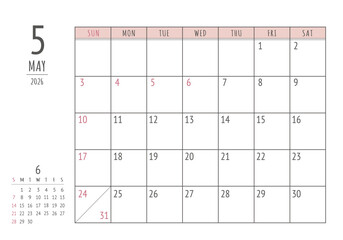 2026年 5月 シンプル書き込みカレンダー

