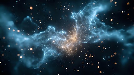 Obraz premium Cosmic explosion in deep space with glowing blue nebula clouds and bright stardust particles against dark starry background, suitable for astronomy projects.