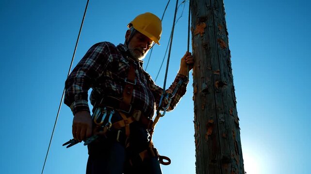 Lineman climbs power pole during maintenance. Worker and climber wear helmet and harness for safety. Utility installation and repair work supports construction. Tools visible on toolbelt in blue sky.