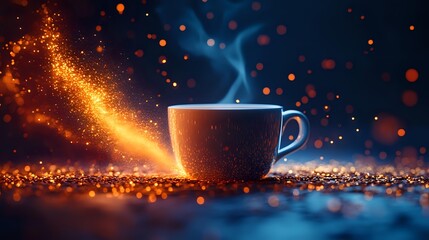 Hot steaming coffee cup with magical glowing sparkles and bokeh lights against dark background, warm orange and blue colors create cozy atmosphere.