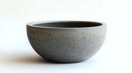 Minimalist concrete bowl with smooth curved shape and textured surface against white background, isolated product photography for modern home decor and design.