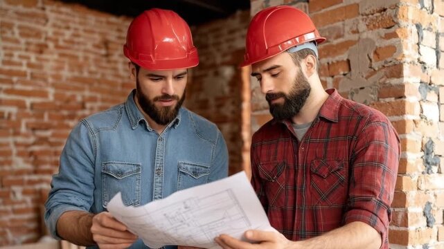 Builders reviewing plans in a construction site