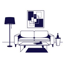 Fototapeta premium Modern living room interior illustration featuring a sofa lamp coffee table and decorative art