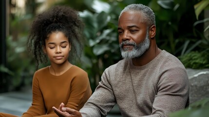 Mature African American man with gray beard and young woman having meaningful conversation outdoors. Genuine emotional connection between father and daughter in natural setting.