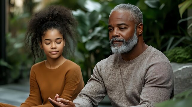 Mature African American man with gray beard and young woman having meaningful conversation outdoors. Genuine emotional connection between father and daughter in natural setting.