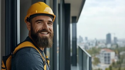 Construction worker smiles in urban setting
