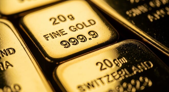 Macro shot of shiny 20g fine gold bars with 999.9 purity