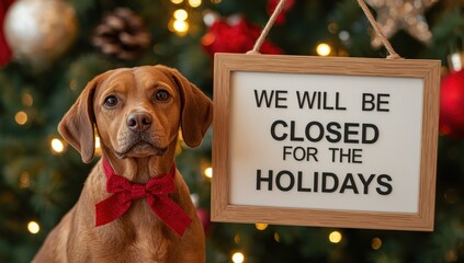 Signboard with the inscription We will be closed for the Holidays on board and Cute dog on festive background. AI generated