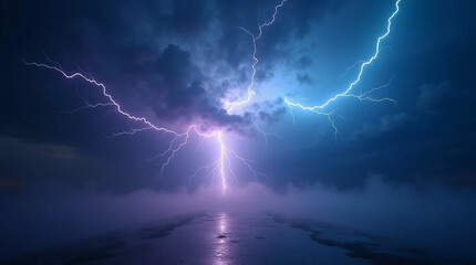Abstract energetic lightning storm with electric blue and purple hues isolated on transparent background