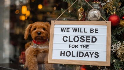 Signboard with the inscription We will be closed for the Holidays on board and Cute dog on festive background. AI generated