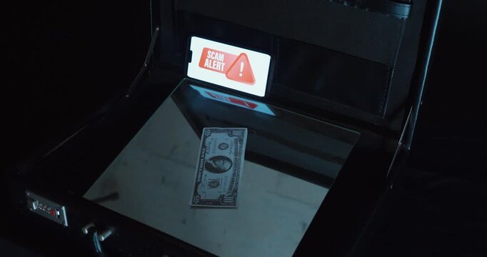 An open briefcase with a dollar bill and a &ldquo;Scam Alert&rdquo; warning sign. Symbolic scene for internet fraud, phishing scams, fake companies, and cybersecurity awareness training.