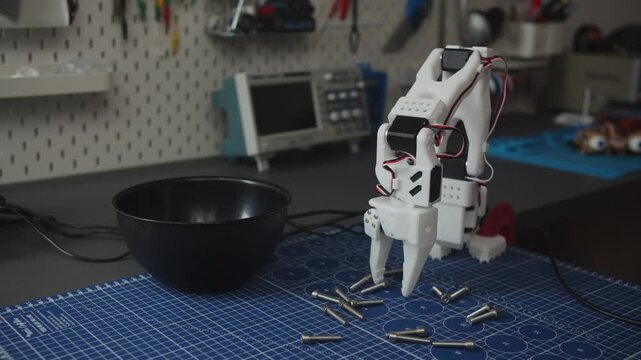 Robotic arm and black bowl on a workshop mat with small screws.