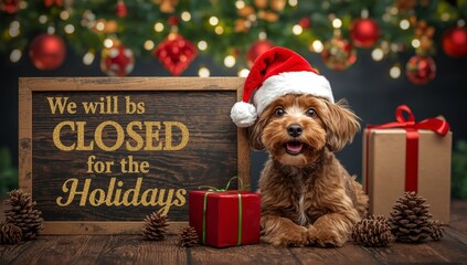 Signboard with the inscription We will be closed for the Holidays on board and Cute dog on festive background. AI generated