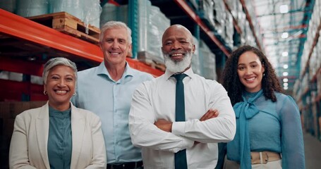 Logistics, team and face of people in warehouse for collaboration, quality control and supply chain. Crossed arms, factory and portrait of happy men and women for production, shipping or distribution - Powered by Adobe