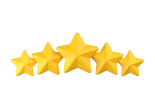 Five yellow star isolated on transparent background for rating and review concept