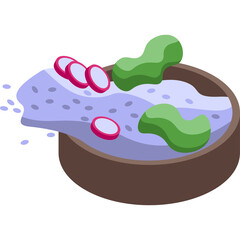 Isometric illustration of a bowl of purple rice topped with sliced radishes and green avocado paste on a white background.
