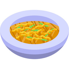 Isometric Illustration of a Bowl of Noodles with Green Vegetables and Broth on a White Circular Plate with a Transparent Background