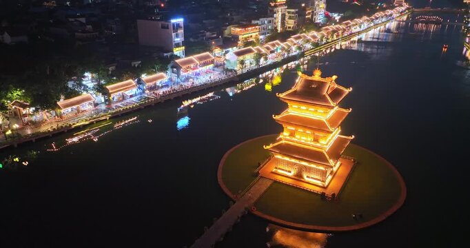 Night view of light up in Hoa Lu ancient town, Ninh Binh, Vietnam.