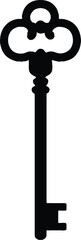 vintage key with ornate handle and long shaft, solid black silhouette