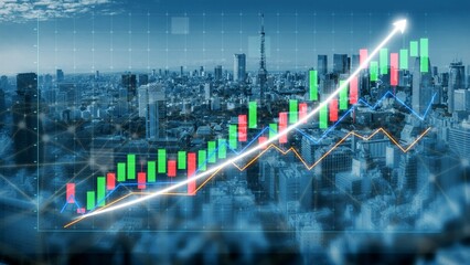 A stunning visualization of financial growth with colorful bar charts and line graphs overlaying the Tokyo skyline, symbolizing urban economic success and market trends. Copula