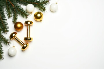 Numbers 2026 and Christmas balls with fir brunches and two black sports dumbbells on white background. Top view with copy space. Fitness, sport and healthy concept. AI generated