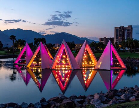 Lit pyramids floating on water. Mountains in background