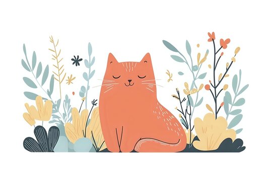 Peaceful orange cat sitting among floral elements and leaves in soft pastel colors, decorative art style on white background for greeting cards and nursery decor.