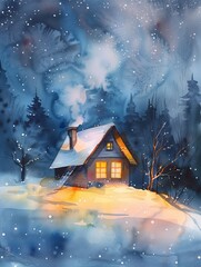 Fototapeta premium Watercolor painting of a cozy countryside house at night with glowing windows, soft smoke rising from the chimney, surrounded by trees and gentle snow under a starry sky, generative ai illustration.