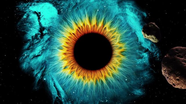 A rotating nebula shaped like a giant human eye with passing spinning asteroids against a starry sky with falling meteors. 4K video animation 60 fps.