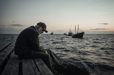 Obraz premium Pescador sentado en muelle al atardecer con redes y barcos en el mar