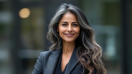 Fototapeta premium Confident mature businesswoman with natural gray hair and bright smile wearing professional dark suit, standing outdoors against blurred urban background.