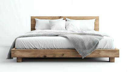 Obraz premium Modern minimalist wooden bed frame with white bedding and gray knitted throw blanket on clean background, contemporary bedroom furniture design.