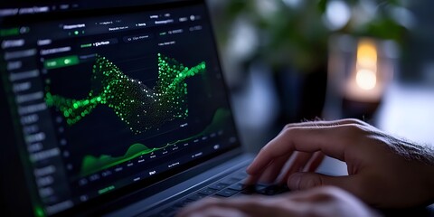 Trading terminal with green financial charts and market data analysis on laptop screen while trader works in dark office with ambient lighting.
