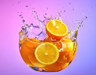 Oranges in water splash within glass bowl, bright background