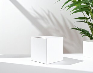 White box sits near green plant; stark light/shadow