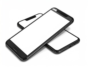 Two black smartphones overlapping, white screens facing up