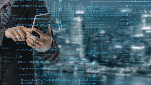 A businessman interacts with his smartphone surrounded by abstract digital code, representing technology and data in a modern urban environment. Xenic - Powered by Adobe