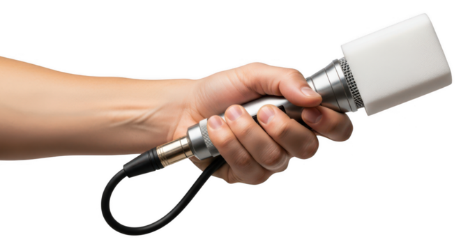 Hand holding a metal ultrasonic transducer isolated on transparent background