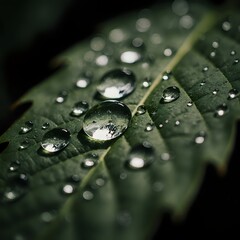 Abstract macro shot of water droplets on a leaf