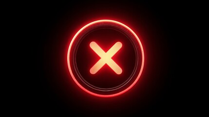 Fototapeta premium Vibrant red neon 'X' symbol glows intensely within a dark circular frame, signifying negation or error.