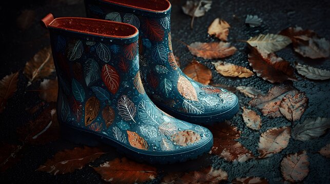 Two pairs of boots with leaf designs are sitting on a wet sidewalk. The leaves are scattered around the boots, creating a beautiful and whimsical scene