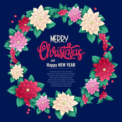 A colorful background for an invitation or greeting card for Christmas and new year. A wreath of the traditional Christmas poinsettia plant on a blue background. Vector illustration 