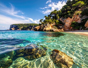 Clear, turquoise water laps a sandy shore with rocky cliffs