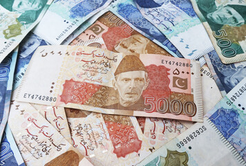 Fototapeta premium Pakistani paper money of different values placed together, symbolizing finance, economy, savings, and investment in Pakistan. featuring Quaid-e-Azam Muhammad Ali Jinnah portrait and security features.