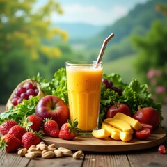 Fototapeta premium Vibrant orange smoothie with fresh fruits and nuts on a wooden table outdoors