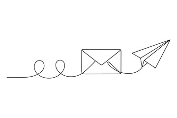 e mail concept with Paper Airplane,
Continuous Line Drawing of Paper Airplane and Envelope,
Black and White Art Symbolizing Communication and Travel