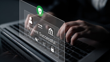 Successful transaction message showing secure payment. Payment confirmed, secured, payment...