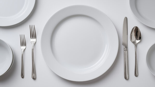 minimalistic top-down view of a formal table setting featuring white plates, silver cutlery, and a clean layout, evoking sophistication and dining etiquette